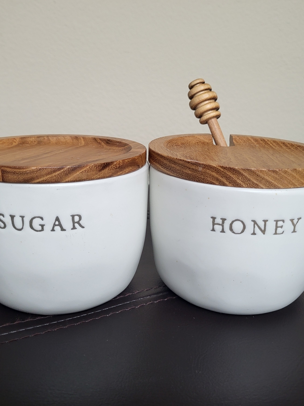 Set - Hearth & Hand Ceramic Sugar and Honey Jars with Wood Lids